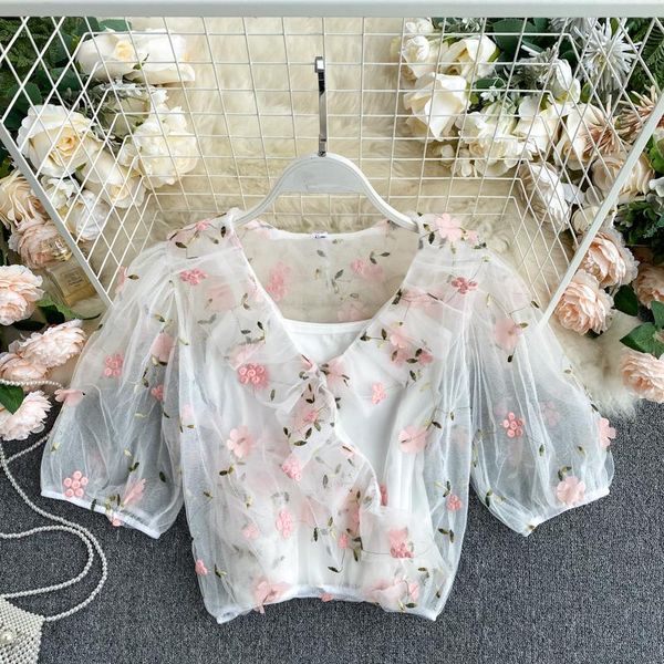 

women's blouses & shirts 2021 summer korea fashion women sweet short embroidery v-neck puff sleeve mesh blouse blusas femininas elegant, White