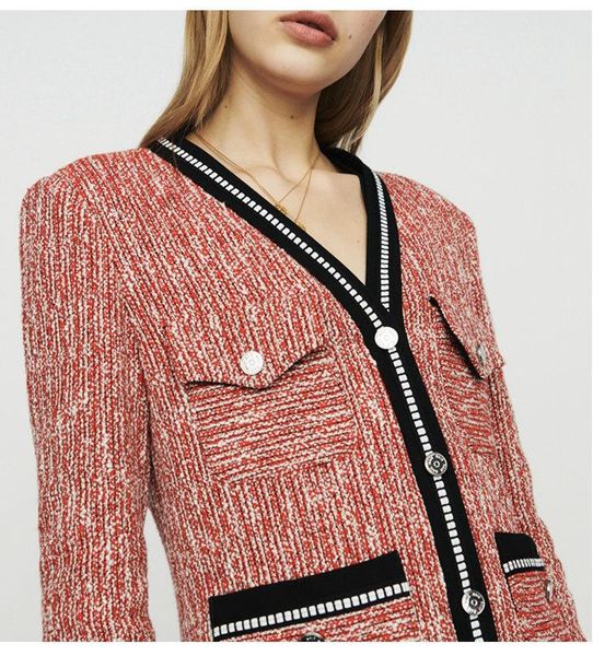 

pink plaid jacket tweed coat casual pockets outwear sweet office lady v neck 2021 winter ladies women's jackets, Black;brown