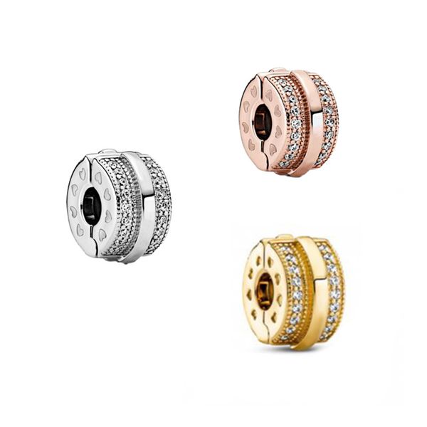

memnon 925 sterling silver charm signature sparkling pave lines clip charms beads fit european pandora style jewelry bracelets, Bronze;silver