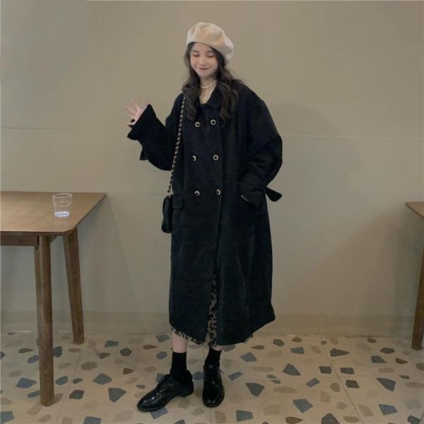 

women's wool & blends autumn and winter lapel double row button medium long black corduroy cotton coat