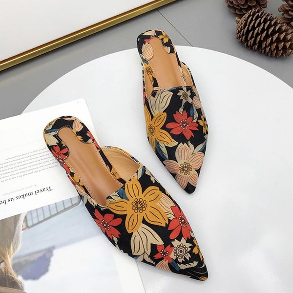 

women slippers fashion flats slides pointed toe ladies mules shoes causal female thick low heels, Black