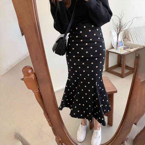 

polka dot print summer mermaid skirt women high waist zipper long midi skirts summer vintage elegant streetwear korean z433, Black