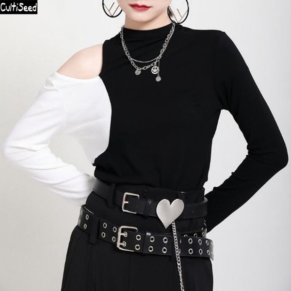 

women's sweaters cultiseed women color patchwork basic knitted female autumn off one shoulder long sleeve slim, White;black