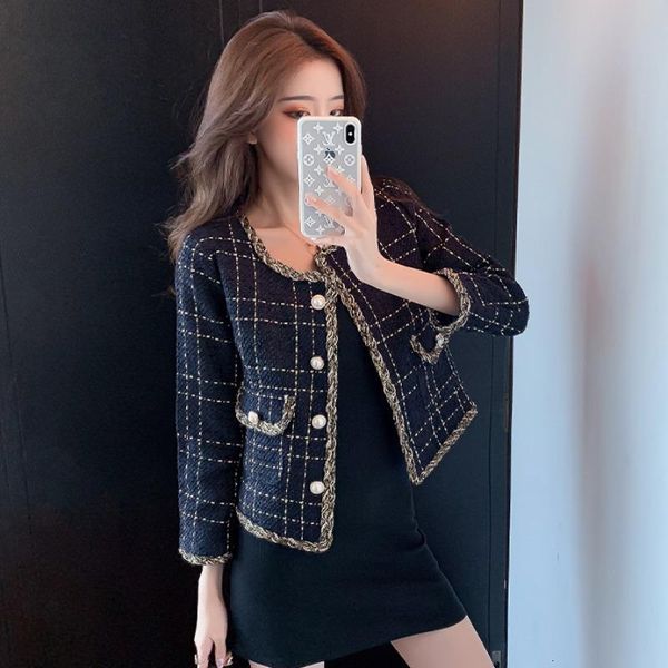 

women's jackets french retro navy blue plaid short small fragrance jacket tweed cardigan temperament blouse female 5key, Black;brown