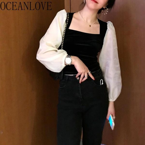 

women's blouses & shirts oceanlove autumn vintage women 2021 korean chic patchwork puff sleeve blusas feminina square neck, White