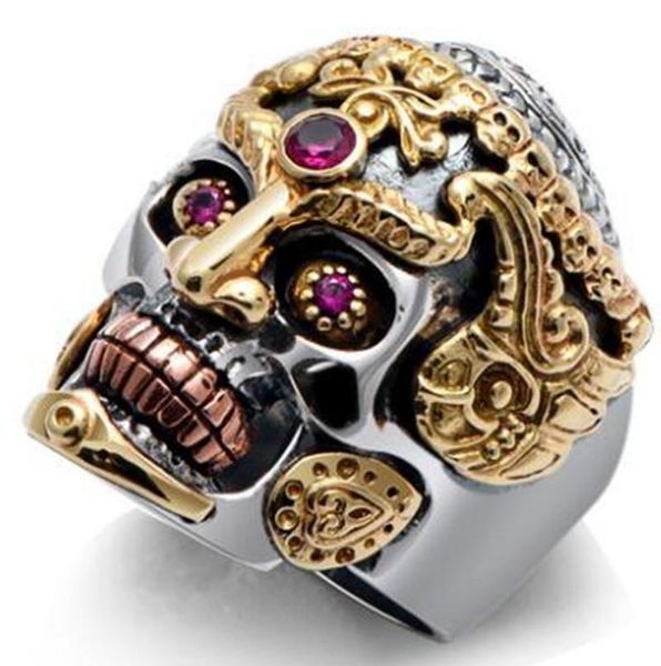 

cluster rings fashion trend bicycle skull face zircon grimace hip hop punk party holiday ring for men jewelry, Golden;silver