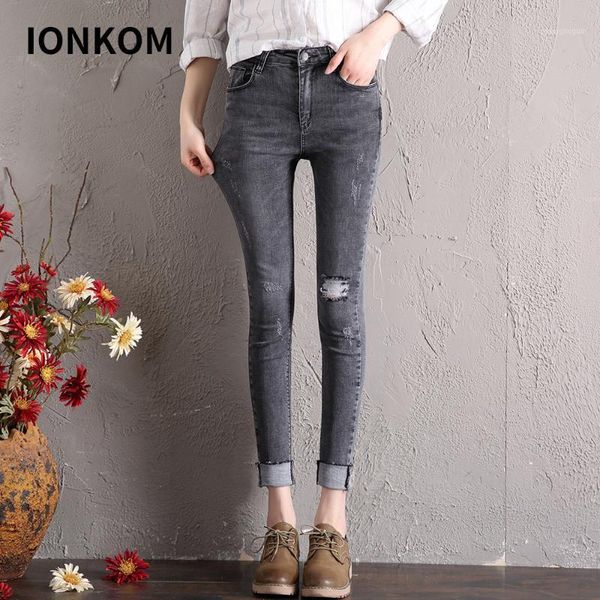 

women's jeans ionkom knee ripped elastic skinny denim for women high waist button pants female casual cowboy stretch pencil, Blue