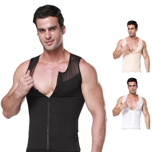 

men's body shapers slimming abdominal shaper chest vest waist trainer gynecomastia shirt men control boobs zipper corset for man shape, Black;brown