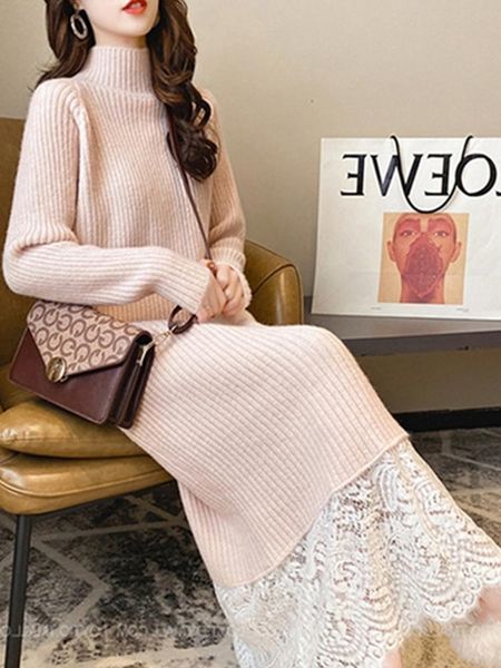 

women's sweaters long below the knee sweater dress autumn and winter lace splicing pullover knitted outer wear, White;black