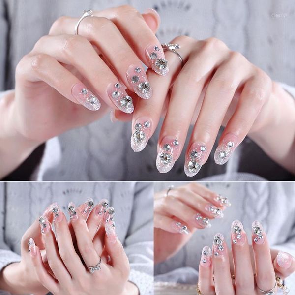

sell 24pcs/sets wedding bride fake nails crystal pearl rhinestone nail patch full tips fingernail women art tslm11, Red;gold