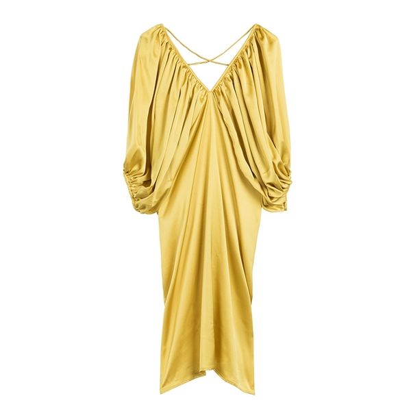 

gold blue fuchsia v neck backless lantern sleeve loose midi dress elegant satin d0711 210514, Black;gray