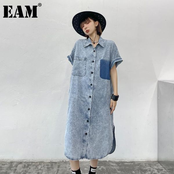 

party dresses [eam] women blue denim contrast color big size dress lapel short sleeve loose fit fashion tide spring summer 2021 1dd8878, White;black
