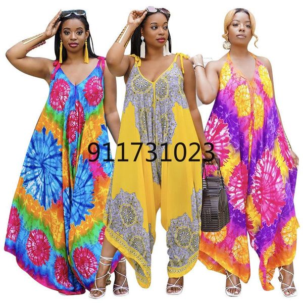 

ethnic clothing 2021 summer african women v-neck printing sleeveless long jumpsuit clothes for, Red