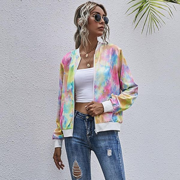

women's jackets autumn / winter 2021 fashion no belt simple digital round neck casual tie dye long sleeve jacket woman, Black;brown