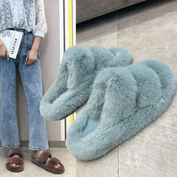 

mr co fluffy home slippers women faux fur cozy furry slides open toe slip on soft house floor plush warm shoes, Black
