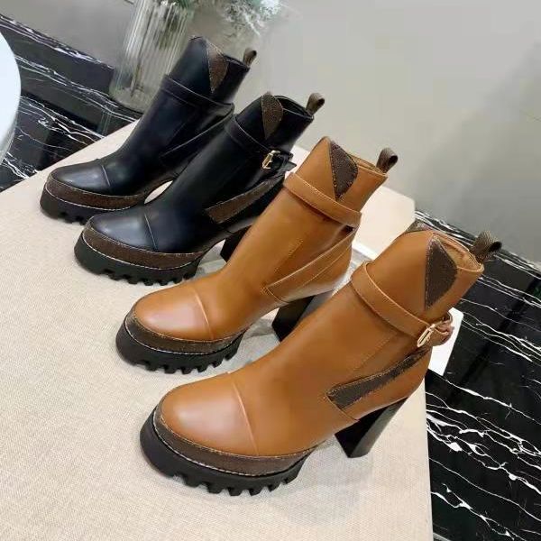 

classic women martin boots luxury designer leather thick soled high heels short ankle booties fashion autum outdoor ladies platform shoes, Black