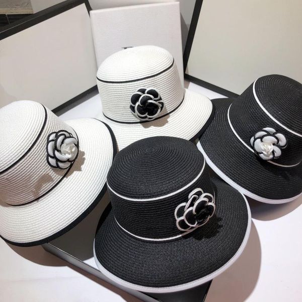 

ladies hepburn style retro camellia flower beach sunscreen straw hat sun female brim peaked summer wide hats, Blue;gray