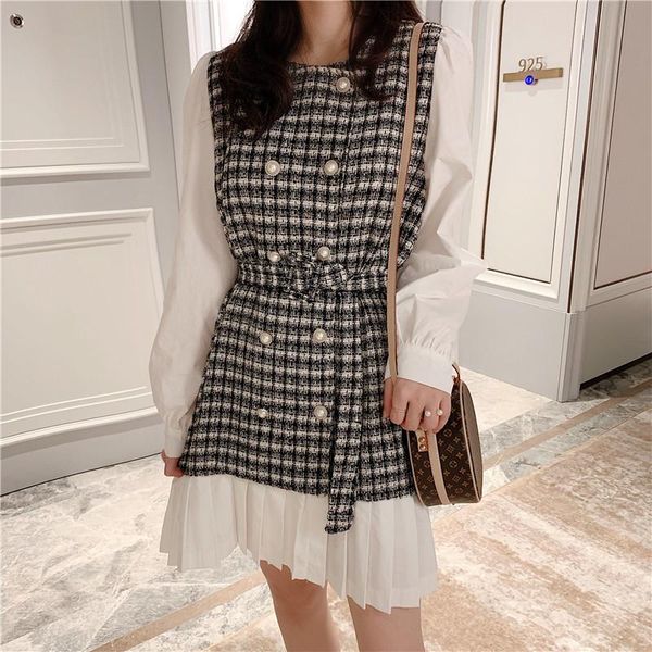 

casual dresses cbafu double breasted pearls plaid patchwork dress with belt women autumn winter runway pleated faux 2 piece set f927, Black;gray