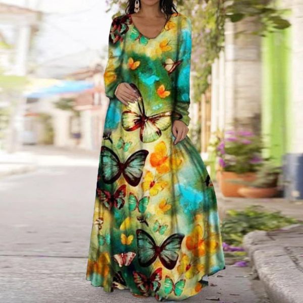 

casual dresses 40# boho butterfly printed long maxi dress women plus size vintage loose party elegant sleeve o-neck sundress, Black;gray