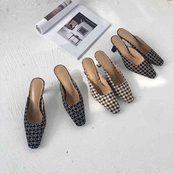 

slippers women round toe retro style thin high heels slides mules shoes slip on summer dress woman black fashion pumps o6u4
