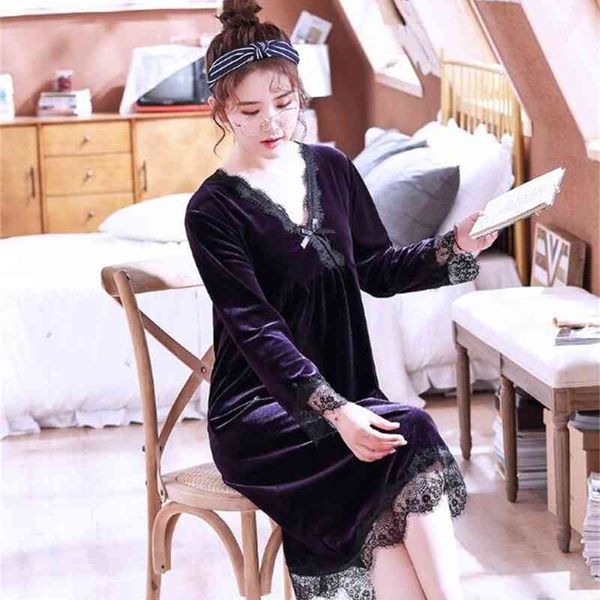 

women's sleepwear fdfklak casual v-neck night dress women gold velvet spring nightgowns long sleeve loose sleepwear home clothes nightw, Black;red