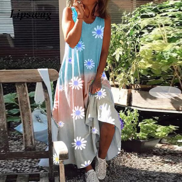 

2021 summer vintage daisy printed loose dress women casual sleeveless tank long dress elegant three color gradient beach dresseshigh quality, Black;gray