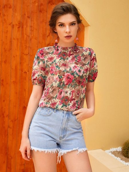 

floral frill neck puff sleeve blouse r321#, White