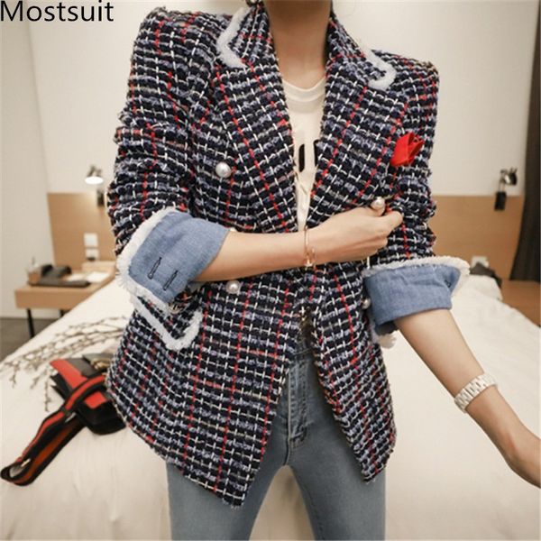 

korean vintage tweed women blazer coat double-breasted full sleeve notched collar jacket elegant ladies fashion blazers femme 210518, White;black