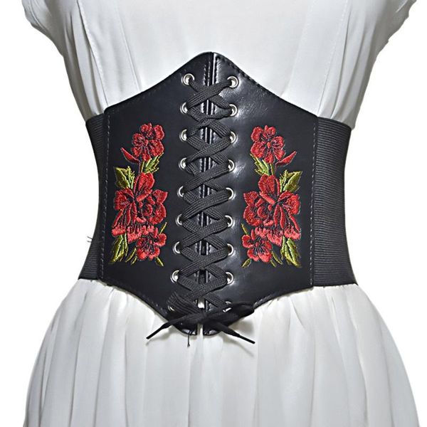 

belts embroidery print women's corset extra-wide lace-up elastic waistband straps all-match ladies girdle dress clothing decoration, Black;brown