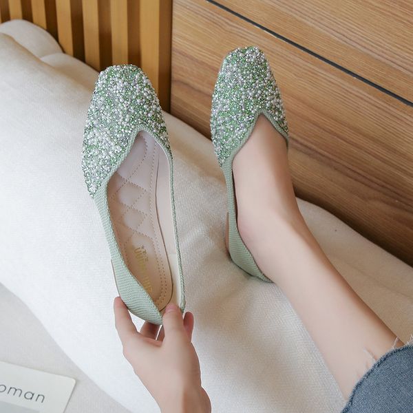 

lolita bling ballet flats 2022 autumn shoes woman crystal flat shoes women wedding shoes square toe pearl bling ladies slip on shoe, Black