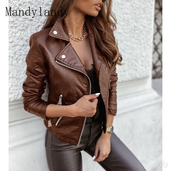 

women's leather & faux mandylandy autumn fashion long sleeve slim fit solid color jacket casual zipper turn-down collar, Black