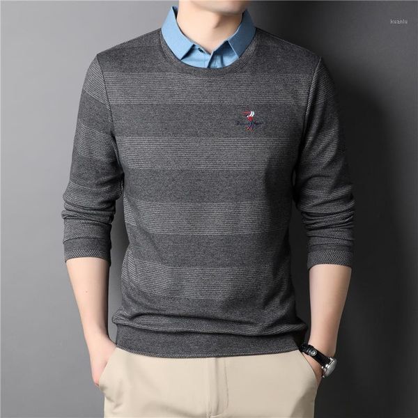 

men's sweaters solid color men lapel sweater fake two-piece pullover fashion casual classic long sleeve knitted sweaterr shirt male, White;black