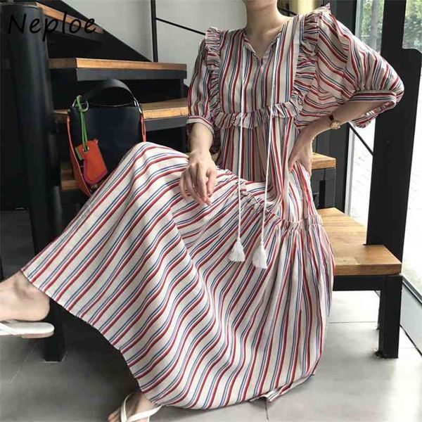 Strisce verticali Fungo Patchwork Abito Donna Chic Francese Retro Scollo a V Coulisse Grandi Abiti Swing Abiti estivi 210422