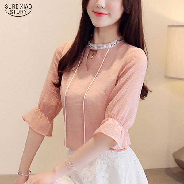 Мода Корейский с коротким рукавом сплошной шифон женская блузка повседневная свободная элегантная белая голубая розовое качество женские топы 4961 50 210527
