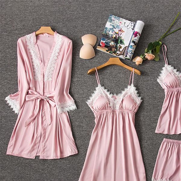 

silk pajamas lace women sleepwear trimmed nightwear satin with shorts 4 piece suits casual home clothes, Black;red