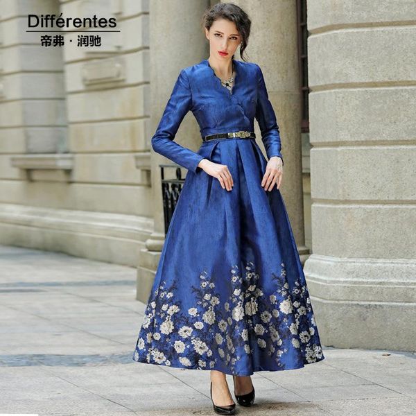 

casual dresses spring jacquard runway long dress navy v neck women evening full length gorgeous floral ss5837, Black;gray
