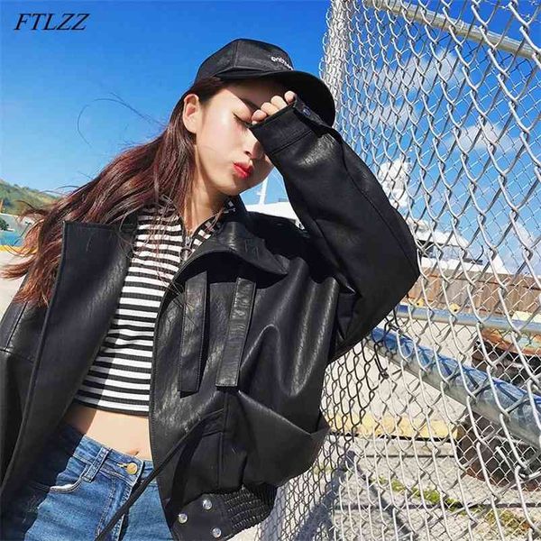 

streetwear women loose pu faux leather jacket casual female motorcycle biker vintage batwing sleeve short black coat 210430