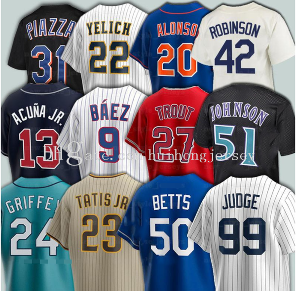 

22 clayton kershaw 99 aaron judge baseball jerseys ronald acuna jr. javier baez mike trout 51 randy johnson mike piazza 27 vladimir guerrero, Blue;black