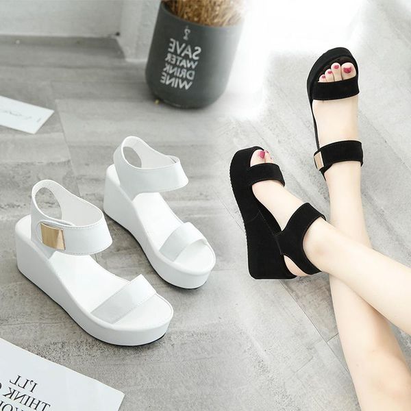 

fashion women summer open toe shoes back strap hook loop platform sandals solid party wedges, Black