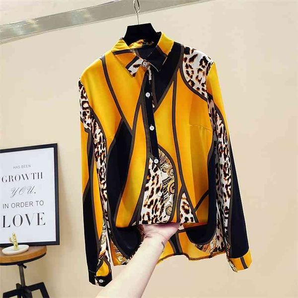 

spring autumn women's print single breasted contrast color turn-down collar shirt loose wild female d028 210507, White