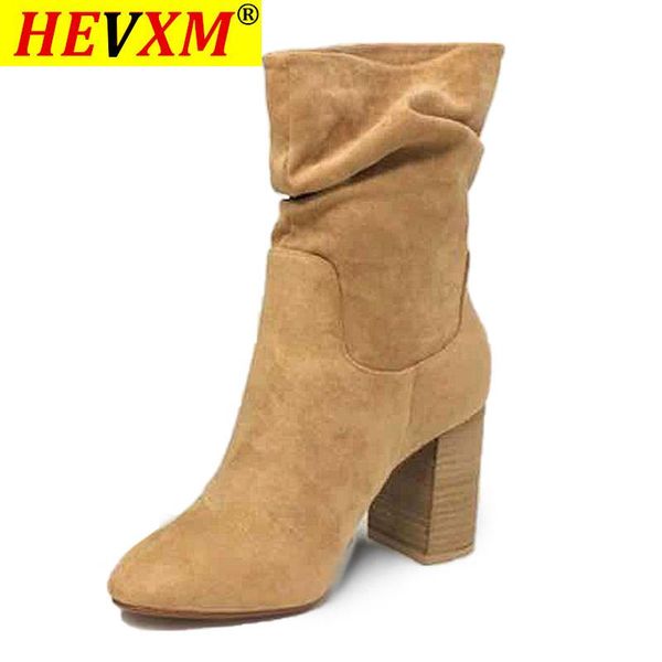 

women leapard mid calf boots woman pleated suede square high heel autumn winter female shoe 2021 ladies casual footwear big size, Black