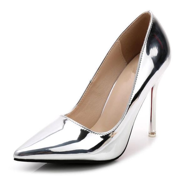 

stiletto silver heels ladies shoes pumps high female wedding party patent leather lady office women dress, Black