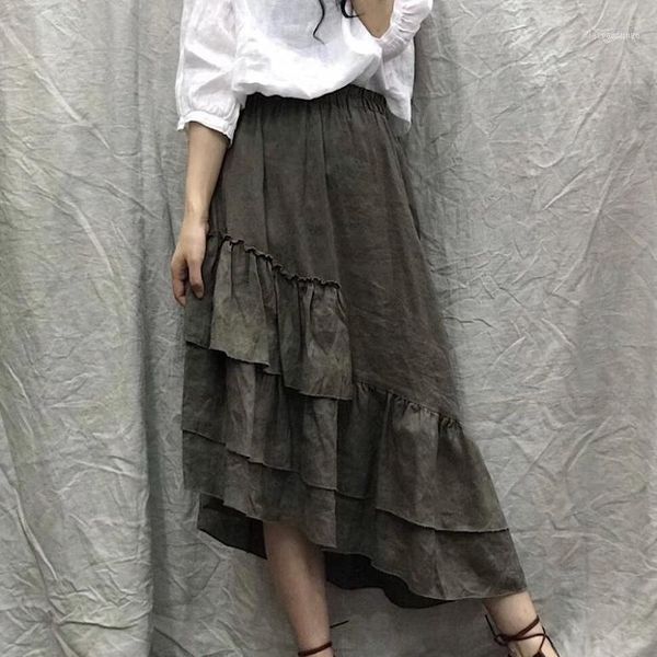 

skirts 2021 women skirt irregular a line elastic waist summer solid color vintage linen ruffled loose casual fashion skirt1, Black