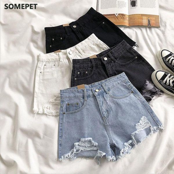 

women's jeans casual high waist denim shorts women summer plus size pocket tassel hole ripped short female femme pants, Blue