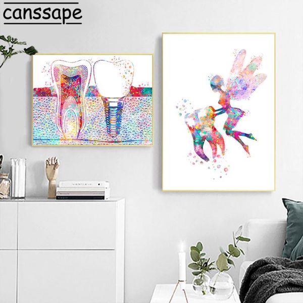 

paintings abstract wall art prints tooth fairy painting teeth shape poster watercolor print dental clinic pictures kids room decor