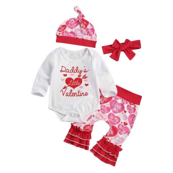 

clothing sets born baby girl valentine's day clothes o-neck long sleeve heart print romper + loose trousers bow headband hat 4pcs, White