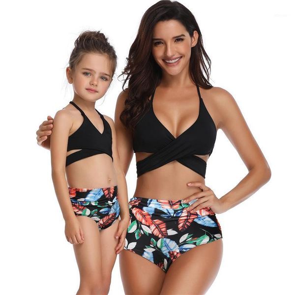 

women's swimwear matching family high waist bikini swimsuit for father mother son daughter children kids women bathing suit bodysuit, White;black