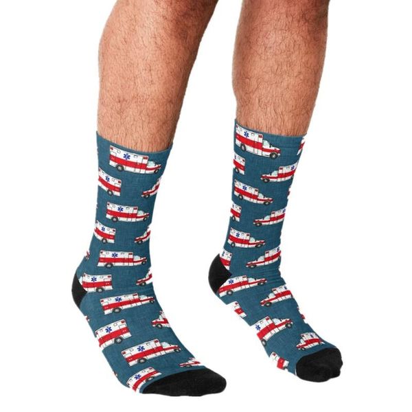 

men's socks funny ambulance on dark blue printed men harajuku happy hip hop novelty cute boys crew casual crazy for, Black