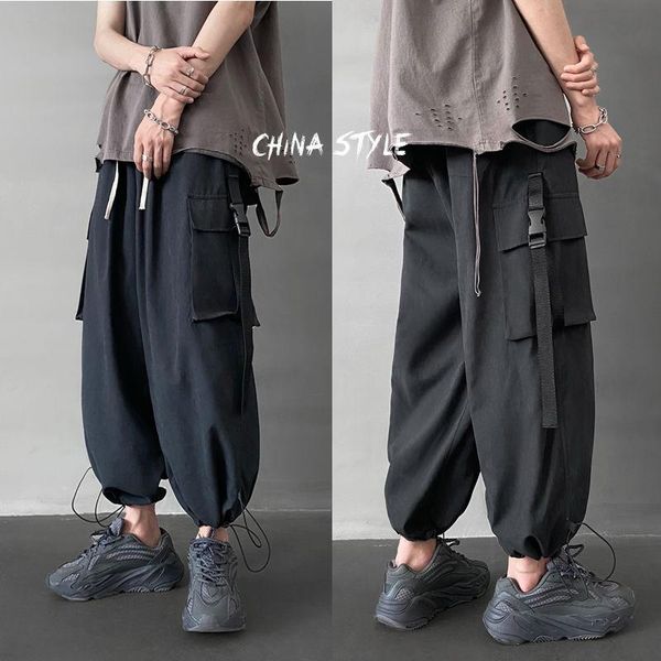 

casual pants men's fashion solid color multi-pocket overalls men streetwear wild loose hip-hop straight mens cargo, Black