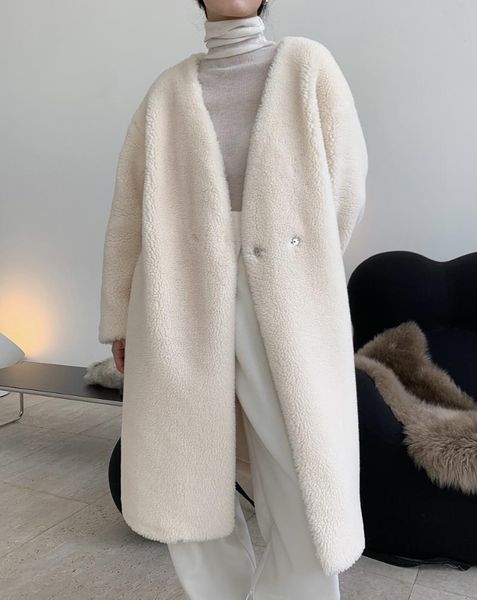 

women's fur & faux woman warm real wool long coat, Black